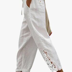 Acelitt Drawstring Elastic Waist Pants with Pockets, White Size SM